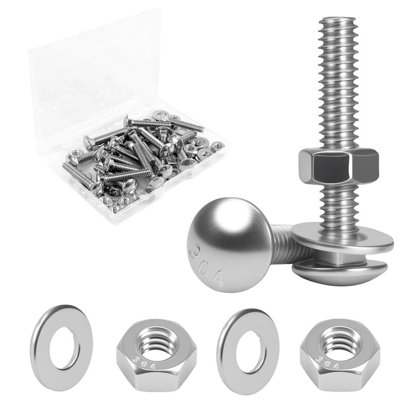 MroMax 1/4-20 x 1-1/2" Carriage Bolt Kit, 20 Sets Carriage Screws with Hex Nuts and Flat Washers, Stainless Steel 18-8(304) Round Head Square Neck Screw, Fully Threaded, Coarse - Image 1